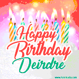 Bright birthday candles with rainbow flames on a cake, alongside the text 'Happy Birthday Deirdre' in vibrant script in this celebratory animated GIF.