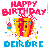 A vibrant and funny gift box character with a happy face dancing with a cupcake and the text 'Happy Birthday Deirdre,' surrounded by animated confetti and party vibes.