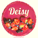 Beautifully decorated red velvet berry birthday cake with vibrant fruits and a glowing 'Deisy' name, adding a touch of sweetness and sparkle.