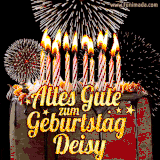 A chocolate birthday cake with glowing candles, the German text 'Alles Gute zum Geburtstag Deisy,' and vibrant fireworks lighting up the background in an animated GIF.