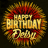 Golden 'Happy Birthday Deisy' text accompanied by animated rainbow fireworks for a festive animated greeting.