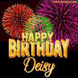 A golden 'Happy Birthday Deisy' message with vibrant fireworks in the background, creating a festive and celebratory vibe in this animated name GIF.