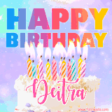 A vibrant animated name GIF with the words 'Happy Birthday Deitra' with colorful candles on a creamy cake. The background sparkles with pastel shades, adding a festive touch.