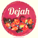 Beautifully decorated red velvet berry birthday cake with vibrant fruits and a glowing 'Dejah' name, adding a touch of sweetness and sparkle.