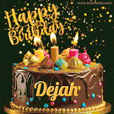 A delightful chocolate birthday cake with bright candles and 'Happy Birthday Dejah' written in gold amidst a shower of animated stars.