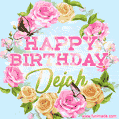 A charming animated GIF featuring 'Happy Birthday Dejah' in pink and green text, surrounded by delicate roses, leaves, and fluttering butterflies on a soft light blue pastel background.