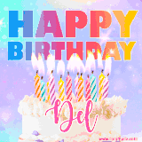 A vibrant animated name GIF with the words 'Happy Birthday Del' with colorful candles on a creamy cake. The background sparkles with pastel shades, adding a festive touch.