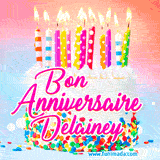 A white birthday cake covered in colorful sprinkles, topped with bright candles, and French text 'Bon Anniversaire Delainey' on a pastel gradient background in an animated GIF.
