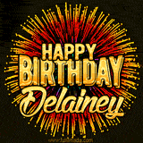 Golden 'Happy Birthday Delainey' text accompanied by animated rainbow fireworks for a festive animated greeting.