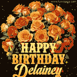 Animated bouquet of orange roses with moving butterfles and golden 'Happy Birthday Delainey' text, surrounded by sparkling accents and a dark backdrop for a luxurious feel.