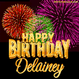 A golden 'Happy Birthday Delainey' message with vibrant fireworks in the background, creating a festive and celebratory vibe in this animated name GIF.