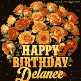 Animated bouquet of orange roses with moving butterfles and golden 'Happy Birthday Delanee' text, surrounded by sparkling accents and a dark backdrop for a luxurious feel.