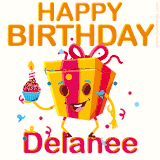 A vibrant and funny gift box character with a happy face dancing with a cupcake and the text 'Happy Birthday Delanee,' surrounded by animated confetti and party vibes.