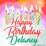 Bright birthday candles with rainbow flames on a cake, alongside the text 'Happy Birthday Delaney' in vibrant script in this celebratory animated GIF.
