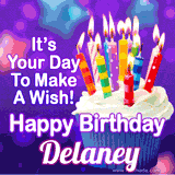 A colorful birthday GIF for Delaney featuring a cupcake with vibrant lit candles and the text 'It's Your Day to Make a Wish! Happy Birthday Delaney' in bold letters on a festive purple background.