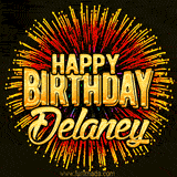 Golden 'Happy Birthday Delaney' text accompanied by animated rainbow fireworks for a festive animated greeting.