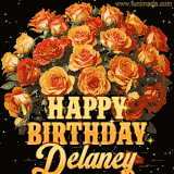Animated bouquet of orange roses with moving butterfles and golden 'Happy Birthday Delaney' text, surrounded by sparkling accents and a dark backdrop for a luxurious feel.