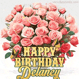 Golden 'Happy Birthday Delaney' text beneath a vibrant bouquet of orange roses, complete with glittering butterflies and sparkling details.