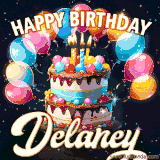 Bright birthday animation for Delaney with a chocolate cake, candles, balloons, and glowing celebratory lights.