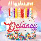 A cheerful white birthday cake with multicolor sprinkles, lit candles, and 'Delaney' written in vibrant letters, in an animated GIF.