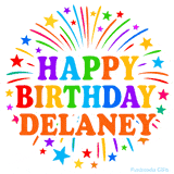 Happy Birthday Delaney' GIF with rainbow-colored letters, colorful stars, and fireworks on white background.