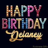 Vibrant luxury birthday greeting card for Delaney, showing glittering gemstone letters and golden calligraphy on a dark background with twinkling shine effects.