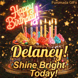 Yellow script spelling the name Delaney! on a classic chocolate cake under a glowing pink neon Happy Birthday sign.