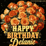 Animated bouquet of orange roses with moving butterfles and golden 'Happy Birthday Delanie' text, surrounded by sparkling accents and a dark backdrop for a luxurious feel.
