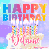 A vibrant animated name GIF with the words 'Happy Birthday Delanie' with colorful candles on a creamy cake. The background sparkles with pastel shades, adding a festive touch.