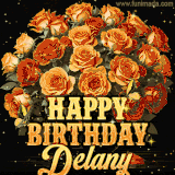 Animated bouquet of orange roses with moving butterfles and golden 'Happy Birthday Delany' text, surrounded by sparkling accents and a dark backdrop for a luxurious feel.