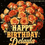 Animated bouquet of orange roses with moving butterfles and golden 'Happy Birthday Delayla' text, surrounded by sparkling accents and a dark backdrop for a luxurious feel.
