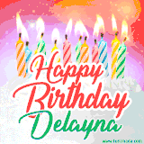 Bright birthday candles with rainbow flames on a cake, alongside the text 'Happy Birthday Delayna' in vibrant script in this celebratory animated GIF.