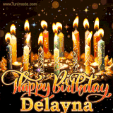 A glowing personalized birthday GIF with name Delayna featuring lit candles with intricate designs, warm lighting, and the text 'Happy Birthday' in an elegant font.