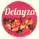 Beautifully decorated red velvet berry birthday cake with vibrant fruits and a glowing 'Delayza' name, adding a touch of sweetness and sparkle.