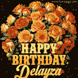Animated bouquet of orange roses with moving butterfles and golden 'Happy Birthday Delayza' text, surrounded by sparkling accents and a dark backdrop for a luxurious feel.