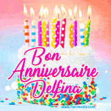 A white birthday cake covered in colorful sprinkles, topped with bright candles, and French text 'Bon Anniversaire Delfina' on a pastel gradient background in an animated GIF.