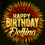 Golden 'Happy Birthday Delfina' text accompanied by animated rainbow fireworks for a festive animated greeting.