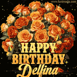 Animated bouquet of orange roses with moving butterfles and golden 'Happy Birthday Delfina' text, surrounded by sparkling accents and a dark backdrop for a luxurious feel.