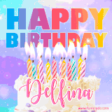 A vibrant animated name GIF with the words 'Happy Birthday Delfina' with colorful candles on a creamy cake. The background sparkles with pastel shades, adding a festive touch.