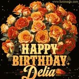 Animated bouquet of orange roses with moving butterfles and golden 'Happy Birthday Delia' text, surrounded by sparkling accents and a dark backdrop for a luxurious feel.