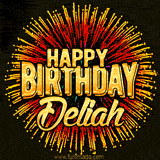 Golden 'Happy Birthday Deliah' text accompanied by animated rainbow fireworks for a festive animated greeting.