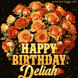 Animated bouquet of orange roses with moving butterfles and golden 'Happy Birthday Deliah' text, surrounded by sparkling accents and a dark backdrop for a luxurious feel.