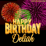 A golden 'Happy Birthday Deliah' message with vibrant fireworks in the background, creating a festive and celebratory vibe in this animated name GIF.