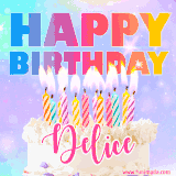 A vibrant animated name GIF with the words 'Happy Birthday Delice' with colorful candles on a creamy cake. The background sparkles with pastel shades, adding a festive touch.