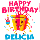 A vibrant and funny gift box character with a happy face dancing with a cupcake and the text 'Happy Birthday Delicia,' surrounded by animated confetti and party vibes.