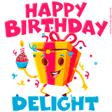 A vibrant and funny gift box character with a happy face dancing with a cupcake and the text 'Happy Birthday Delight,' surrounded by animated confetti and party vibes.