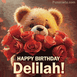 Cinematic style cute animated teddy bear with charming features holding a large bouquet of red roses, the words say 'Happy Birthday Delilah' in sans serif font.