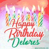 Bright birthday candles with rainbow flames on a cake, alongside the text 'Happy Birthday Delores' in vibrant script in this celebratory animated GIF.