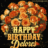 Animated bouquet of orange roses with moving butterfles and golden 'Happy Birthday Delores' text, surrounded by sparkling accents and a dark backdrop for a luxurious feel.