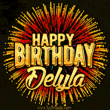 Golden 'Happy Birthday Delyla' text accompanied by animated rainbow fireworks for a festive animated greeting.